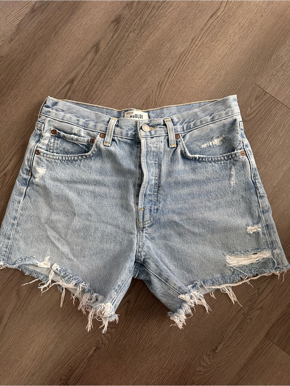 Agolde Light Blue Distressed High-Rise Denim Shorts